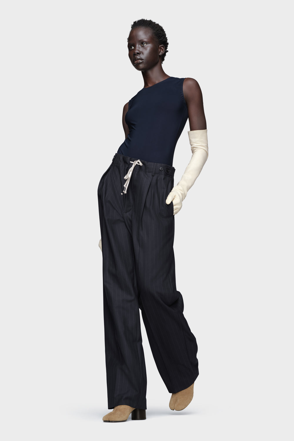 Pinstripe wool drawstring trousers